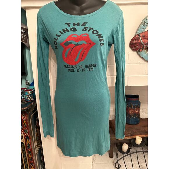 VINTAGE 90's ROLLING STONES TURQUOISE BAND TEE BODYCON DRESS - Picture 1 of 8